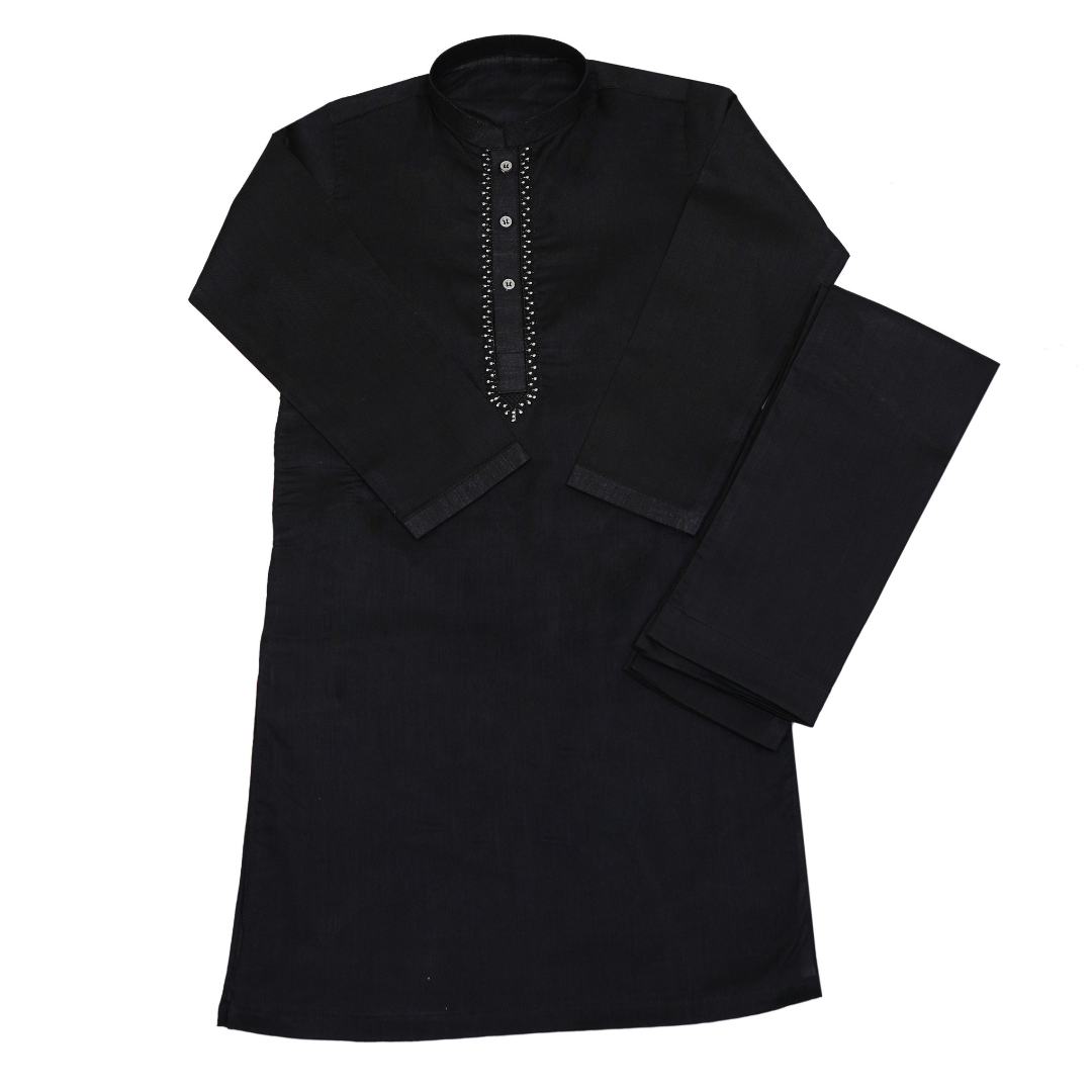 Black traditional outfit with embroidery on a white background Black Cotton Kurta for Kids | SHAH ROBE